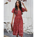 2021 Newest Spring And Summer Fashion Casual Retro Print dress Sexy Short Sleeved One Piece Long Skirt Women